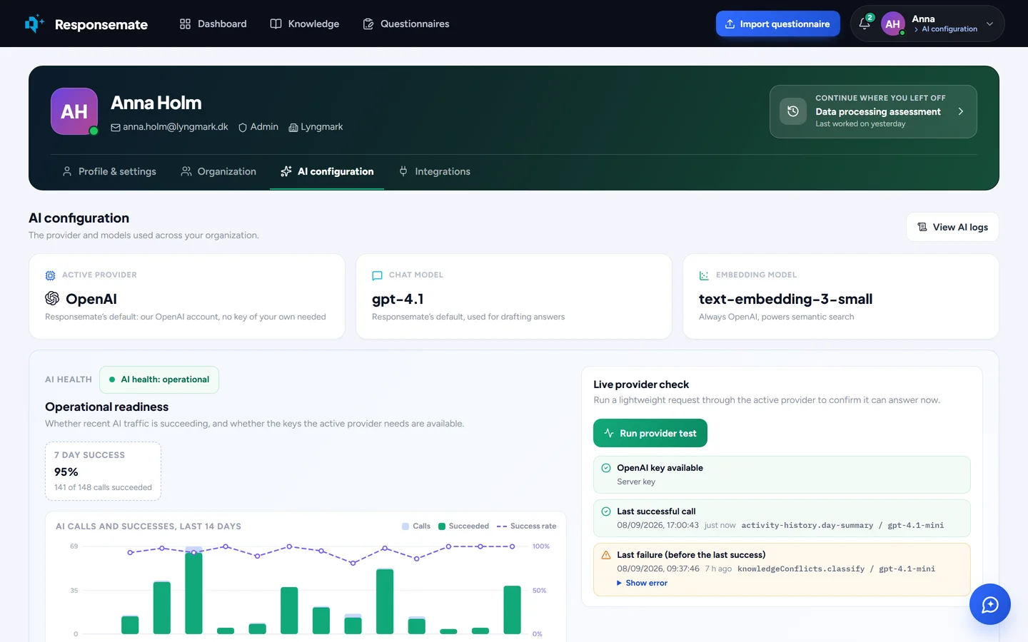 The AI configuration tab with the active provider, chat and embedding model, AI health and a provider test