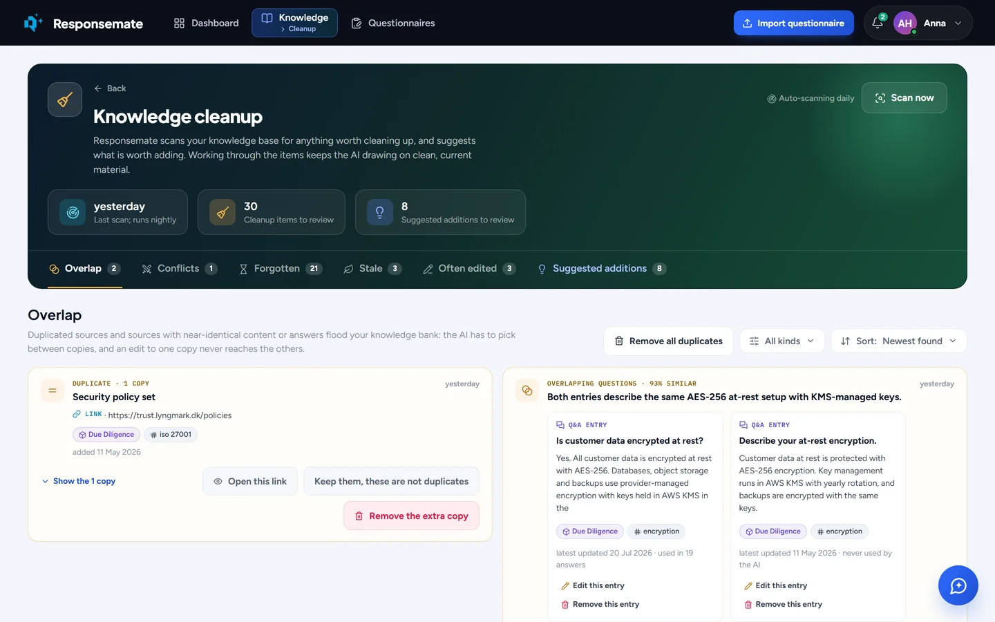 The knowledge cleanup page: a duplicate link, two overlapping Q&A entries about encryption at rest, with merge and keep options