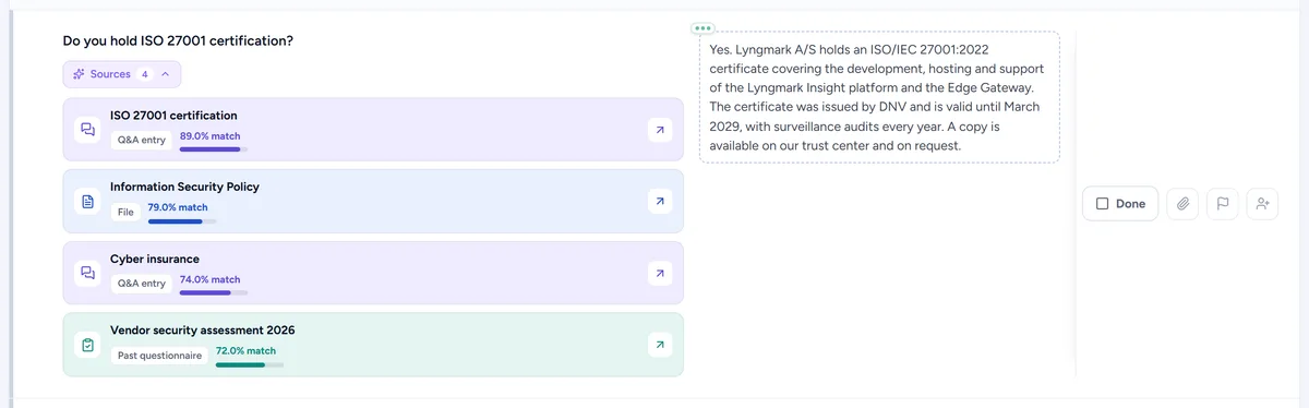 A drafted answer with its sources opened: the Q&A entries and documents it was built from, with match scores
