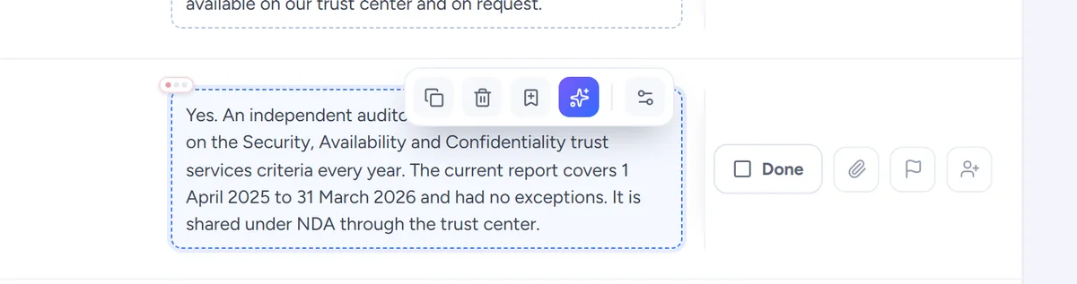 The AI toolbar on an answer cell: validate, improve, shorten, explain, find similar