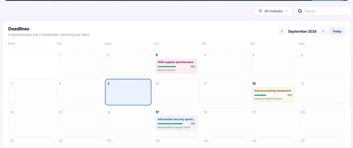 The deadline calendar on the questionnaires page