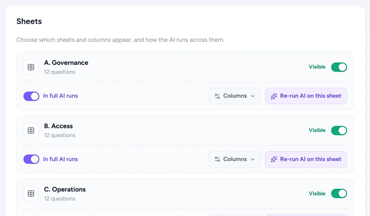 Sheet and column settings: what the AI fills, what is read-only, per sheet