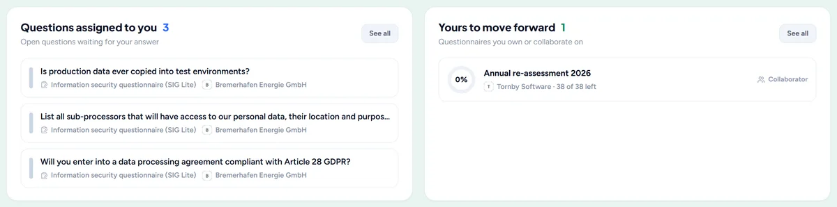 Continue your work: questions assigned to you and the questionnaires you drive