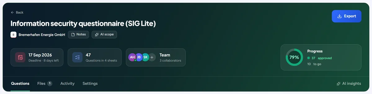 A questionnaire header: deadline, questions and sheets, team, progress ring