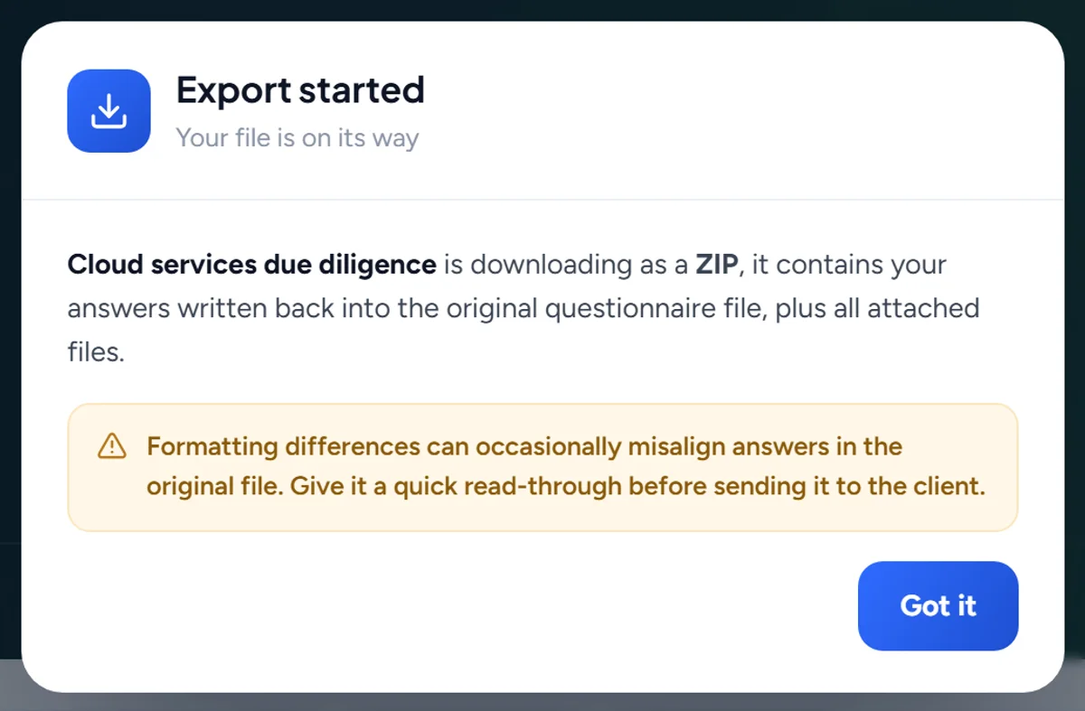Export a completed questionnaire as the original Excel workbook or as Word