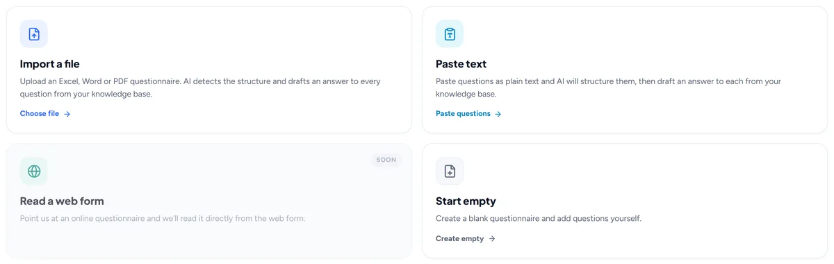 New questionnaire: import a file, paste text or start empty