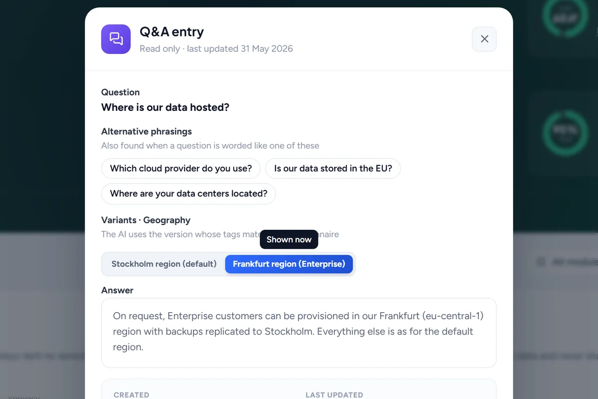 A Q&A entry with two answer variants, one per hosting region