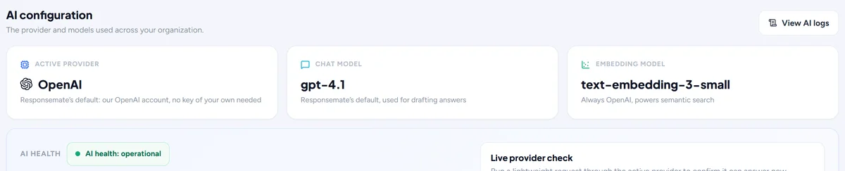 The active provider, chat model and embedding model