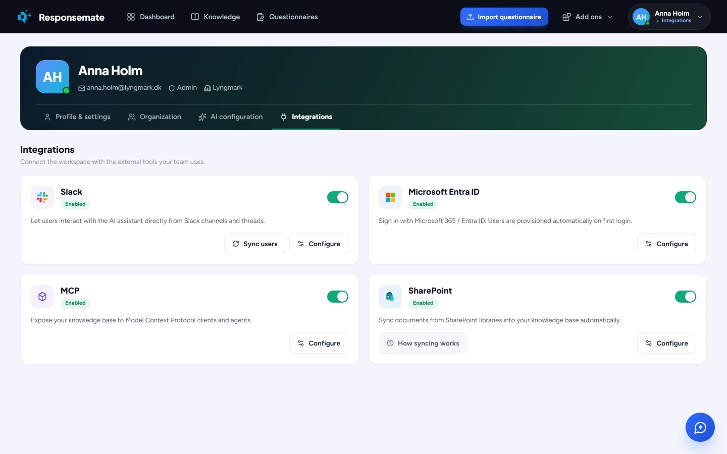 The Integrations tab of the Account page: Slack, Microsoft Entra ID, the MCP connector and SharePoint, each with its own switch and configuration