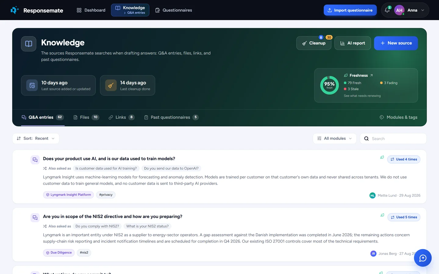The Knowledge page of Responsemate