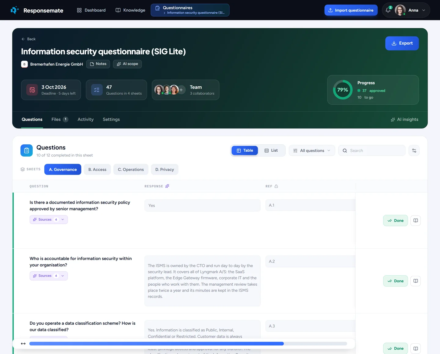 A questionnaire in Responsemate: deadline, team, progress and the first questions with their drafted answers