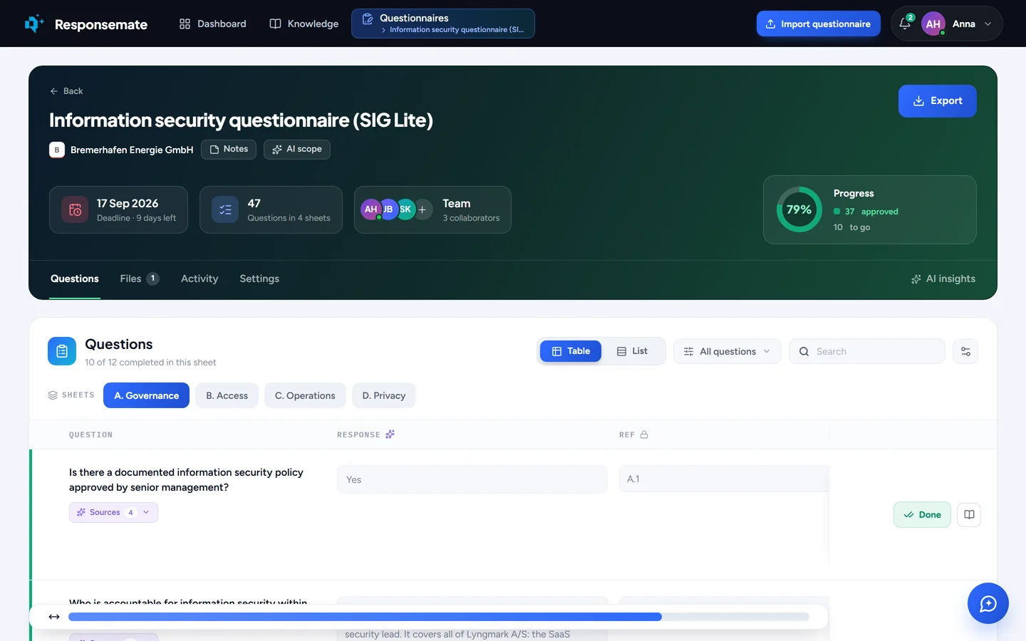 A questionnaire in Responsemate with deadline, team, progress and the Questions tab
